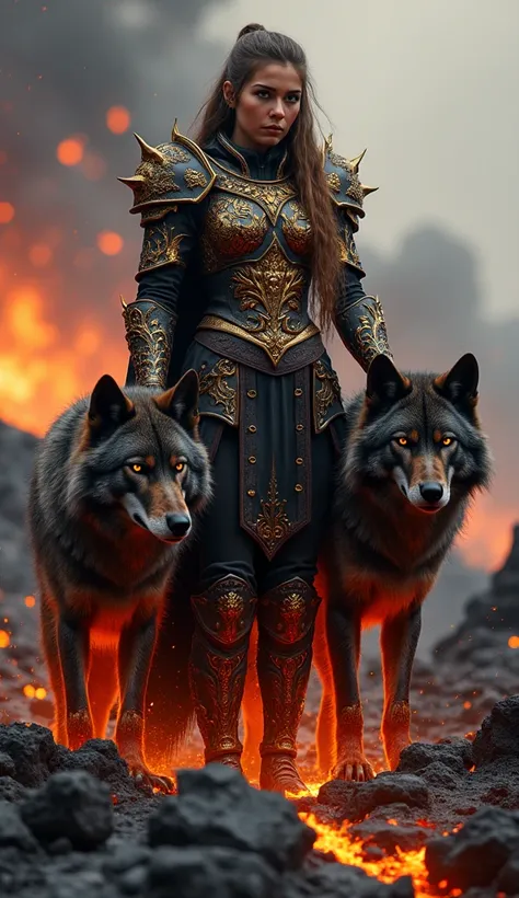 A fearless female warrior dressed in deep charcoal and fiery gold armor, with molten-like cracks running through the plates. Her armor radiates heat, with molten veins running along the surface. She stands with two towering wolves, their fur a blend of dar...