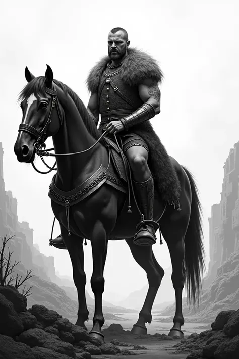 Attila, king of the Huns, riding a muscular horse, looking headlong into a landscape desolate by war in black and white.