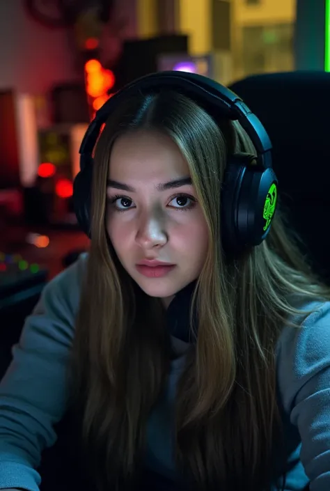 35-year-old woman, pale skin, long light brown straight hair, gamer with ryzer-style computer headset in a gaming room, staring at me, perfect proportions, centered image, visually rich, cinematic, Mschiffer, wallpaper art, UHD wallpaper, ultra sharp focus