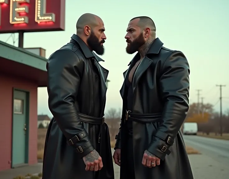 Two big brutal shaved-headed bearded tattooed bodybuilders in trendy black leather oversize trench coats stand outside an old roadside motel and look at each other