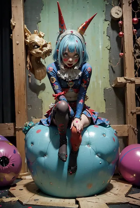 clown with blue hair and red clown makeup、 surrounded by red balloons ,  cute core crown core , 不気味なclown girl, scary clown, clo...