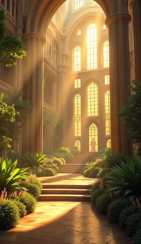 A serene dreamscape featuring a grand temple surrounded by lush gardens, with golden sunlight streaming through stained glass windows. The temple’s architecture is a blend of ancient and modern styles, exuding a sense of divine presence and tranquility.