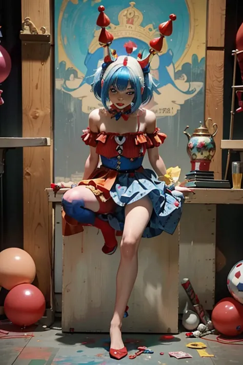 clown with blue hair and red clown makeup、 surrounded by red balloons ,  cute core crown core , 不気味なclown girl, scary clown, clo...