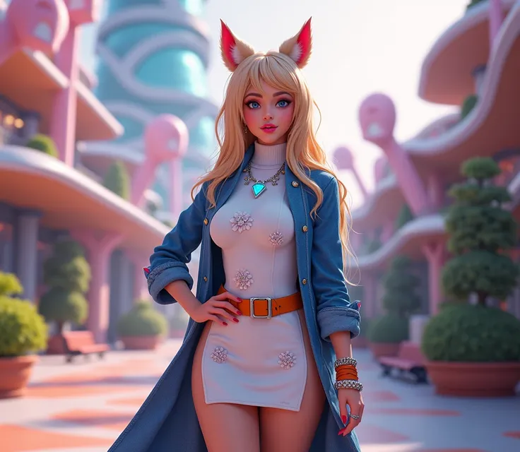 (photorealism:1.2), ahri from league of legends, blonde, blue eyes, pink lips, red nails, white little flowers embroidery turtleneck white dress, short blue jeans coat, orange leather belt, diamond bracelet, diamond amulet, hand on weist, holding futuristi...