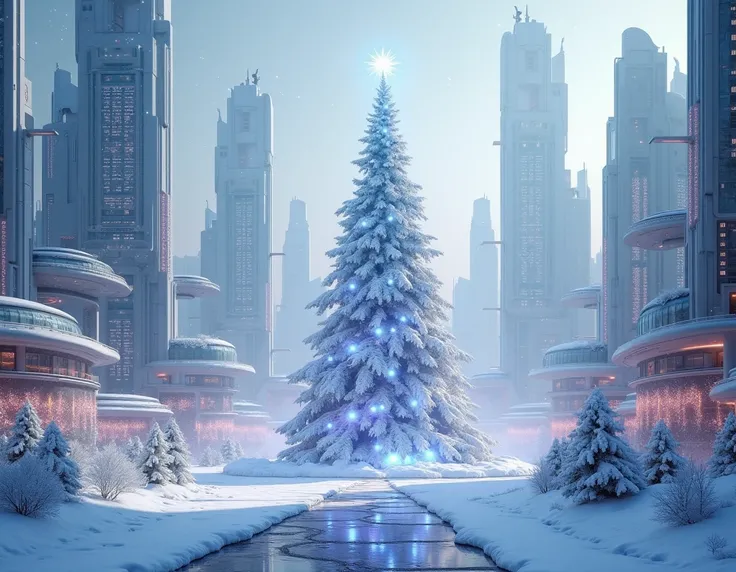 Draw a Christmas city of the future, in the snow, without people.