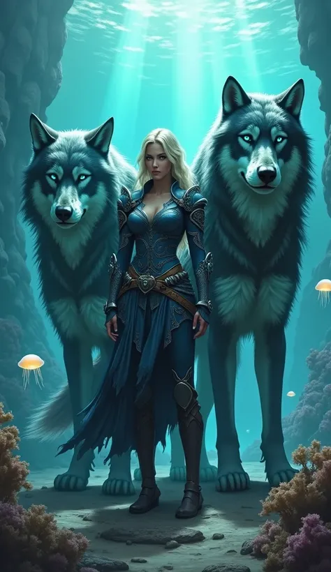 A mighty female warrior in deep navy blue and seafoam green armor, adorned with scales and water motifs. She stands tall beside two immense wolves, their fur a mixture of rich dark blue and sea green, their towering forms casting shadows over the terrain, ...