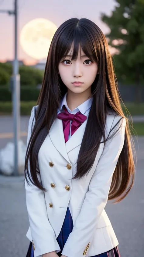 super beautiful face, japanese girl,  long straight hair, high school student, anime style, school wear, face closeup, sad, moon light, big bust