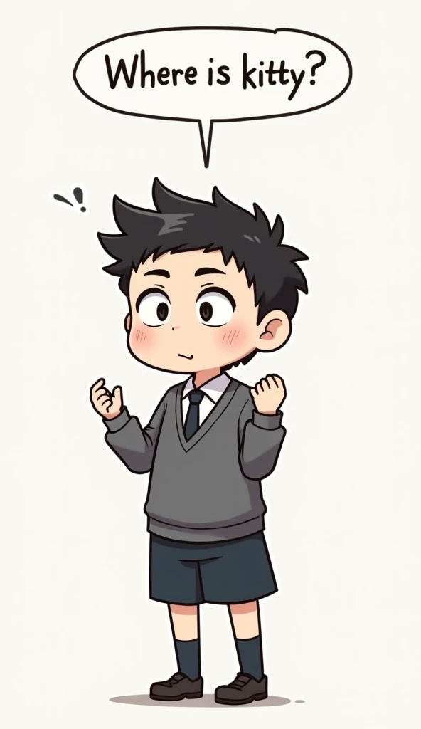 Here’s a prompt for that image:

"A  in a school uniform standing with a confused expression, as if deep in thought. His eyebrows are furrowed, and his hands are slightly raised in a questioning gesture. Above his head, a speech bubble reads, Where is kitt...