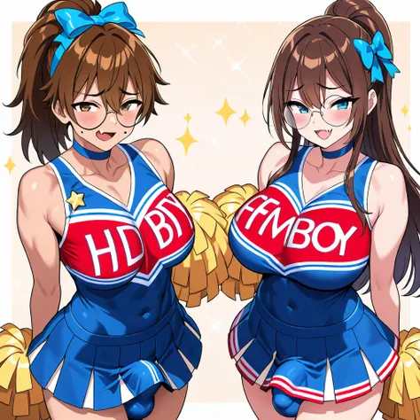 Femboy, beautiful femboy, crossdresser, feminine male, crossdressing male, male only, dick bulge, long hair, ponytail, brown hair, miniskirt, cheerleader, cheerful expression, big round glasses, school background, pin white and blue outfit, fake breasts, b...