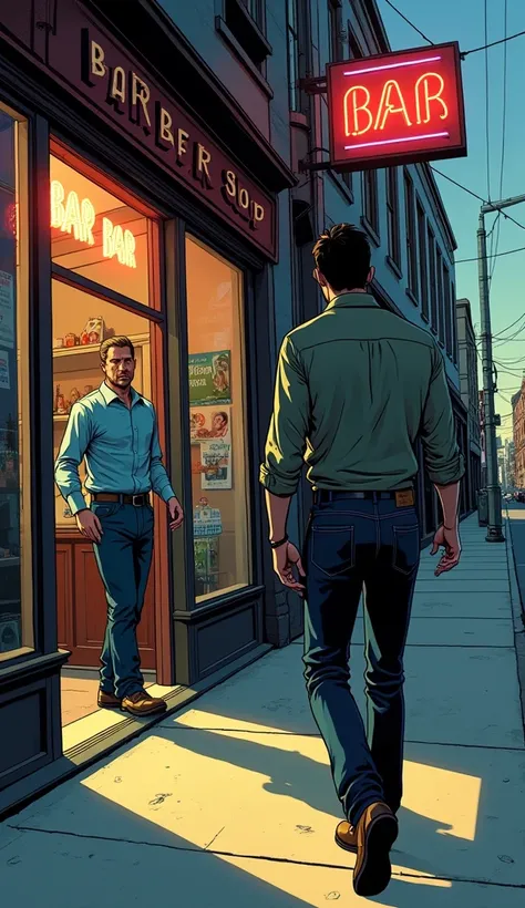   A man leaving the neighborhood street and entering a barbershop and a seine in the background a man in the blue shirt is looking at him outside the bar behind him( Picture like action comics  )