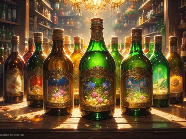 A vibrant and lively scene of a multitude of [bottle]s of different shapes and sizes, arranged in a dense and intricate pattern that fills the frame. The [bottle]s are overlapping each other, creating a sense of depth and complexity. Each [bottle] has its ...