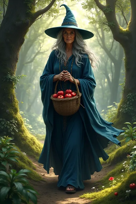 Give me a realistic image of an elderly female witch carrying an apple basket walking in a forest