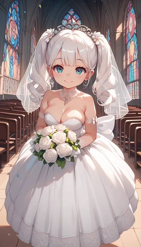 small toddler loli, white hair with ponytails,  wedding dress.  adult woman,  huge breasts ,  wedding dress, white hair with ponytails. standing in church, smile