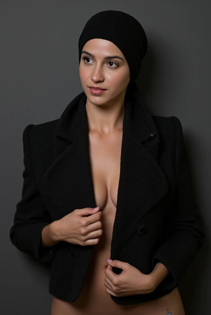 Generates a hyper realistic photograph of a fully naked 25-year-old Iranian woman influencer,hijab