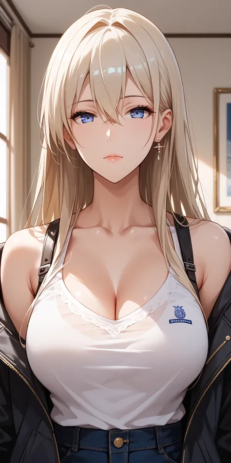 Score_9, Score_8_up, Score_7_up, Source_anime, anime art, anime style, very aesthetic, masterpiece, high quality, 1girl, seductive mature woman, milf, curvaceous, casual housewife clothes, white hair, long hair, hair between eyes, expressionless, home, sof...