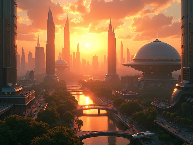 Create the image of a sunset of a utopian city