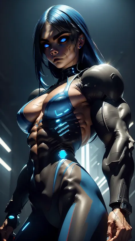 (1 girl), (Cara delevingne:1.25), beautiful teenage muscular goth cyborg androgyn, (black sclera:1.25), (blue glowing eyes:1.25), (blue glowing body veins:1.25),(((muscular bodybuilder physique:1.45))), ((((extreme muscular hypertrophy:1.25)))), (flat musc...