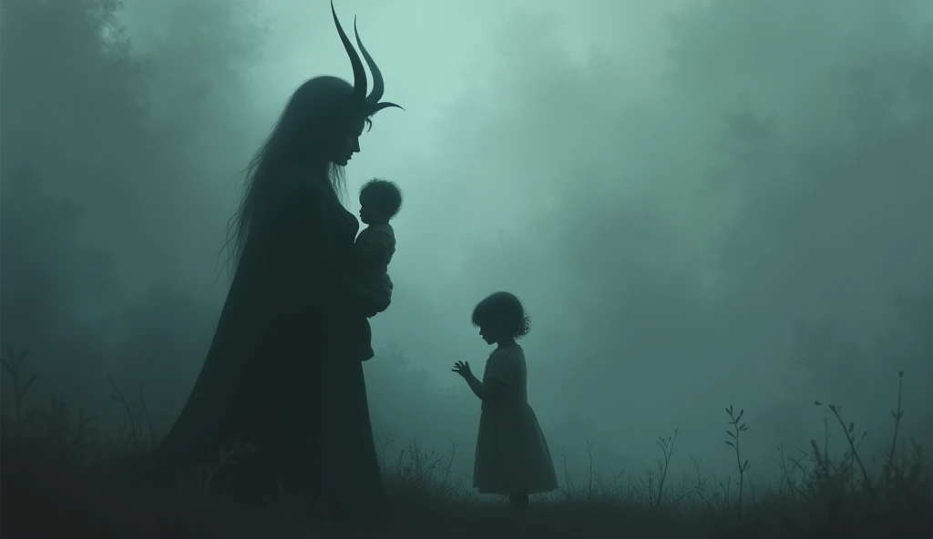 heavy fog , dark environment, Shadow of a horned woman next to a mother holding her baby,  impressionist painting style 