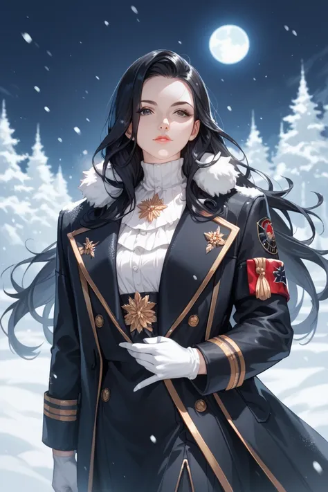  Beautiful girl with long straight hair,  black hair,  black eyes ,  moon under the right eye ,  white skin , Uniforme militar negro, serene expression,  gloves black , snowy background,  black coat . long hair 