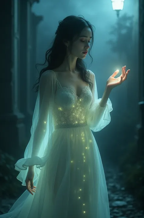 translucent figure of a glowing woman appears ahead. She wears a tattered, lace-trimmed dress, her sorrowful expression softly illuminated in the stormy night. Her hand is outstretched, beckoning silently.
