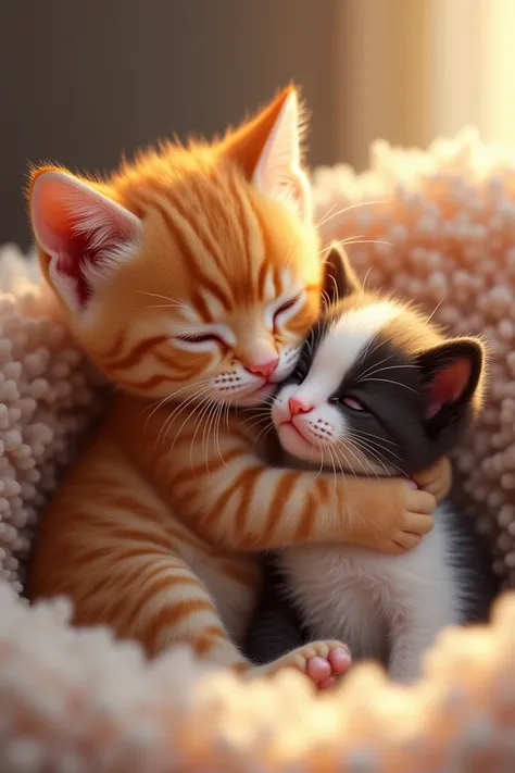 Orange kitten hugging smaller white and black Siamese kitten 