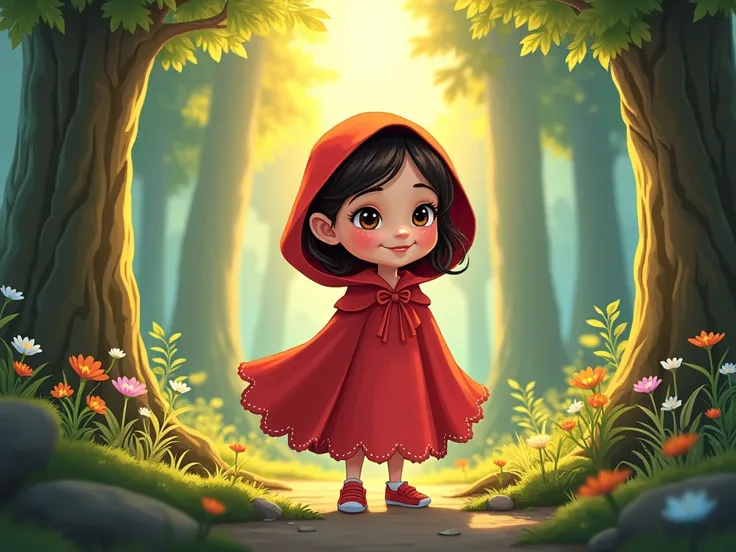 Little  seven year old girl in red riding hood, Disney cartoon style