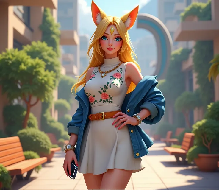 (photorealism:1.2), ahri from league of legends, light skin woman, yellow little fox ears, 3 beige stripes on each side of face, blonde, little eyes, blue eyes, pink lips, red nails, white little flowers embroidery turtleneck white dress, short blue jeans ...