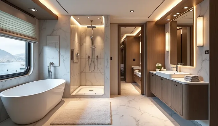 Prompt: “A luxurious motorhome bathroom with a walk-in shower featuring rainfall settings, premium fixtures, and elegant tile work. Bright, spacious, and modern.”