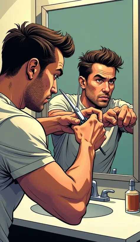 Geri an image of a man cutting his hair looking in the mirror 
 ( Picture as comics  )