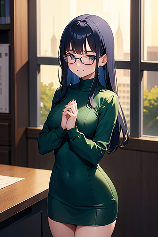 adult babe, caucasian skin, long dark-blue hair, honey colored eyes, eyeglasses, emerald green long-sleeved short tight minidress, shy, timid, small timid smile, hands together, standing, in a solitary office, by night