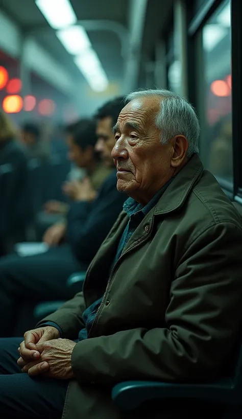   analog film photo, (Art品,  high resolution:1.3),
"  A picture of an old man sitting on a crowded bus , Crooked shoulders and tears streaming down the cheeks  . He had a sad and depressed face ,   are in stark contrast to the hustle and bustle and activit...