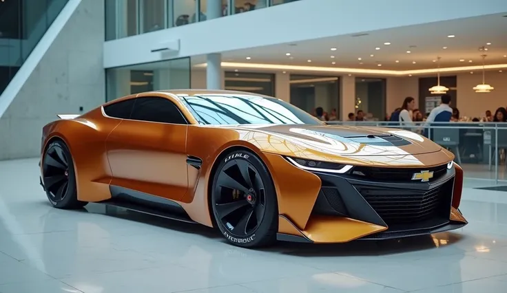 Vue de face Une voiture de sport, voiture de sport futuriste vue de face dans une salle dexposition haut de gamme. La voiture a une finition orange métallisée avec des accents noirs, aérodynamique agressive, et pointus, traits angulaires. Il possède un log...