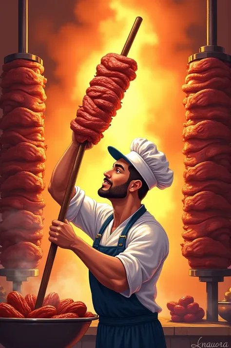 Create a Instagram poster use these background colors a darker orange at the edges to a brighter, almost yellow, orange in the center. 
Use a pic of illustration of a chef holding a piece of shawarma meat in front of a large shawarma spit. The text says "S...