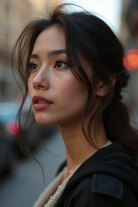  A beautiful side woman on a street, Close up profile picture 