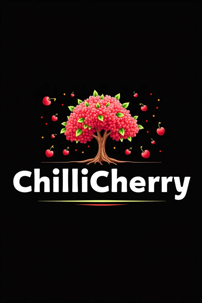 Logo with a black background with the name ChillicHerry with a colorful cherry tree and a colorful name 