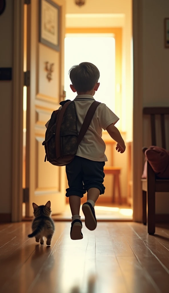 

"A  in a school uniform running toward the exit of an open door, his face filled with determination and urgency. The door is wide open, and the boy’s legs are in mid-motion, as he rushes outside to find his missing kitty. His school bag bounces on his ba...