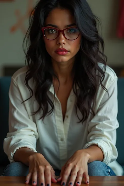 19 year old girl, wavy and dark hair, Tanned, with red glasses, jeans and white shirt, evil face, latina, Manicurist