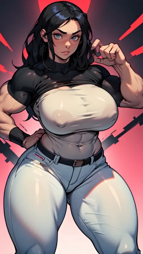 ((1 muscular girl)),  long straight hair , light skin,  black hair, Shy, beautiful eyes, giant breasts, sexy,  thick thighs , with tight shirt and slightly wet tight pants, ((dynamic background))