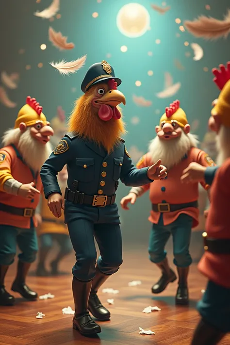 Cop with chicken heads and three dwarfs at polo dance