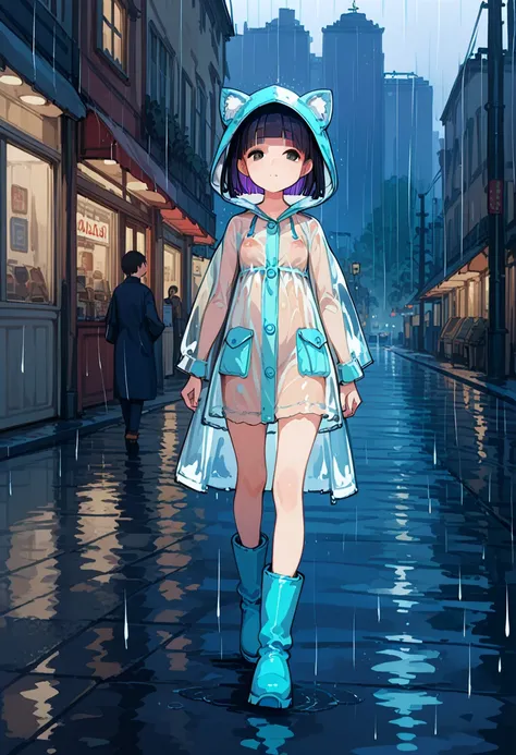 1girl,solo,loli,11yearsold,short stature,flat breasts,black hair,purple inner hair,bob cut,bow-shaped hair,blunt bangs,black eyes,blue cat raincoat,put on hood,button closed raincoat,see-through raincoat,see-through nipples,rain boots,street,rainy,ashamed,...