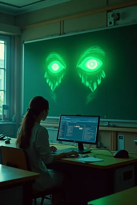 sci-fi classroom where on the blackboard 2 green female eyes mysteriously stare at a compulsive student studying on the computer for geography