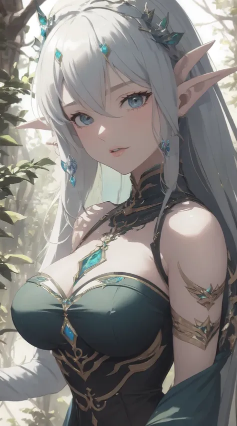 Photorealistic image of an elven woman with long white hair and blue eyes, wearing green in the forest. She has pointy elf ears