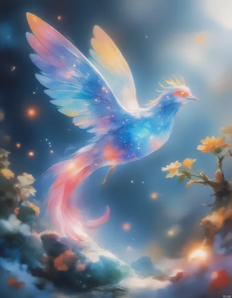 In a surreal, mythological realm, a transparent crystal phoenix descends onto the branch of a jade stone tree. The phoenixs 9-feathered wings shimmer with colorful starry patterns, as if suspended in mid-air. The camera captures a macro shot of this mystic...