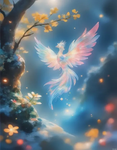 In a surreal, mythological realm, a transparent crystal phoenix descends onto the branch of a jade stone tree. The phoenixs 9-feathered wings shimmer with colorful starry patterns, as if suspended in mid-air. The camera captures a macro shot of this mystic...