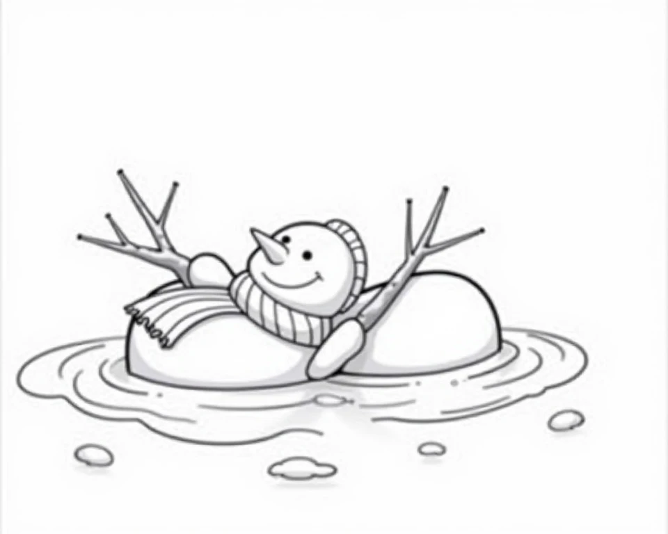 "Create a black-and-white line art illustration for a coloring book featuring a single snowman swimming. The snowman is floating on its belly in the water, with its twig arms extended forward in a swimming stroke. Its round snow segments are clearly define...