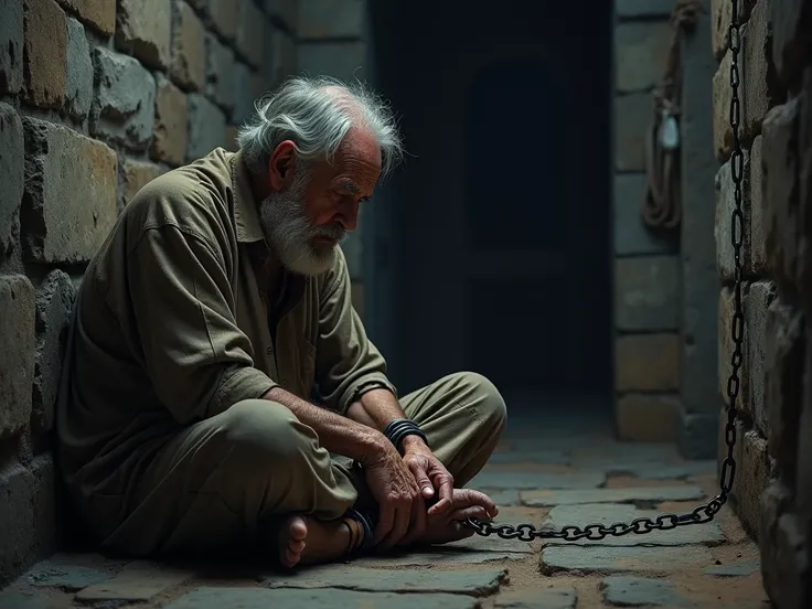  ILLUSTRATE An elderly and weakened man ,  with an expression of pain and suffering ,  sitting on the floor of a dark and cold prison .  His hands are bound by heavy chains , and he is hunched ,  with a beard and disheveled hair ,  wearing simple, worn clo...