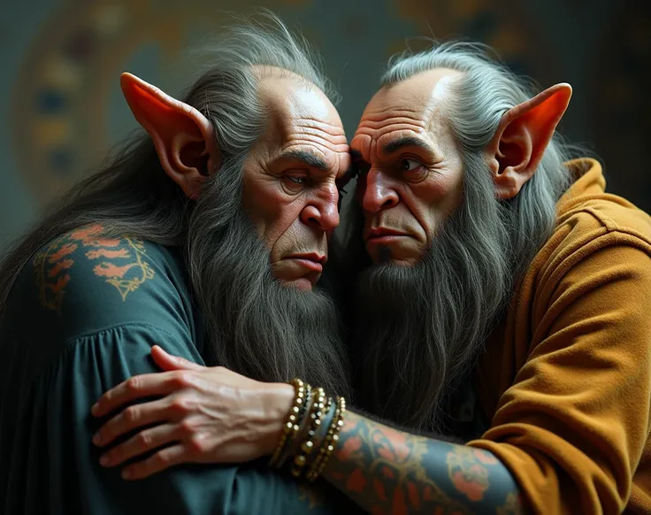 Hyperrealism, photorealism, high definition details,  photograph, clarity, Rich in color, hyperrealistic texture, spectacular light texture, surrealist art, cuerpo entero, A male troll caressing a troll of faith