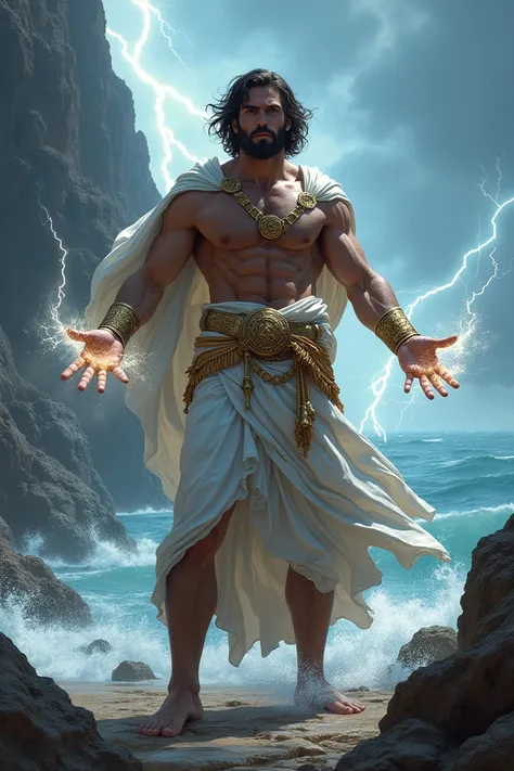 Create a handsome, imposing man, with wavy hair, Greek clothes and with lightning bolts in his hands