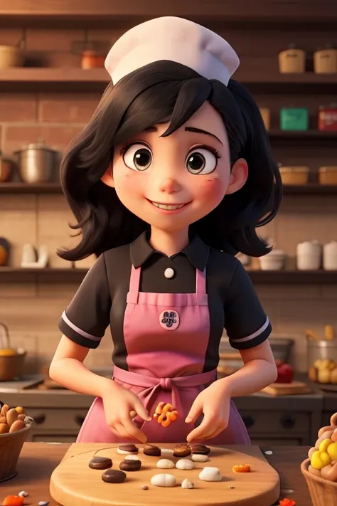 Pastry chef making candies with black hair 