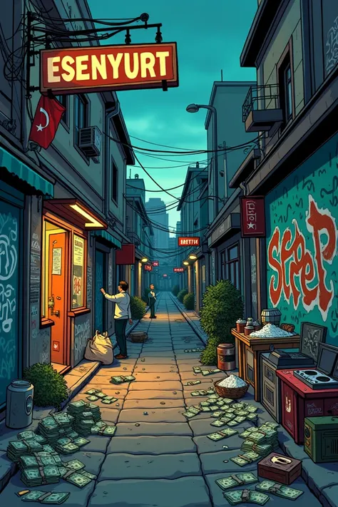 Create a 2D vector art album cover in the style of Matt Groenings iconic cartoon drawing. The scene should feature a gritty, urban street in Turkey, with a prominent Esenyurt street sign to reflect the local vibe. The atmosphere combines elements of trap a...